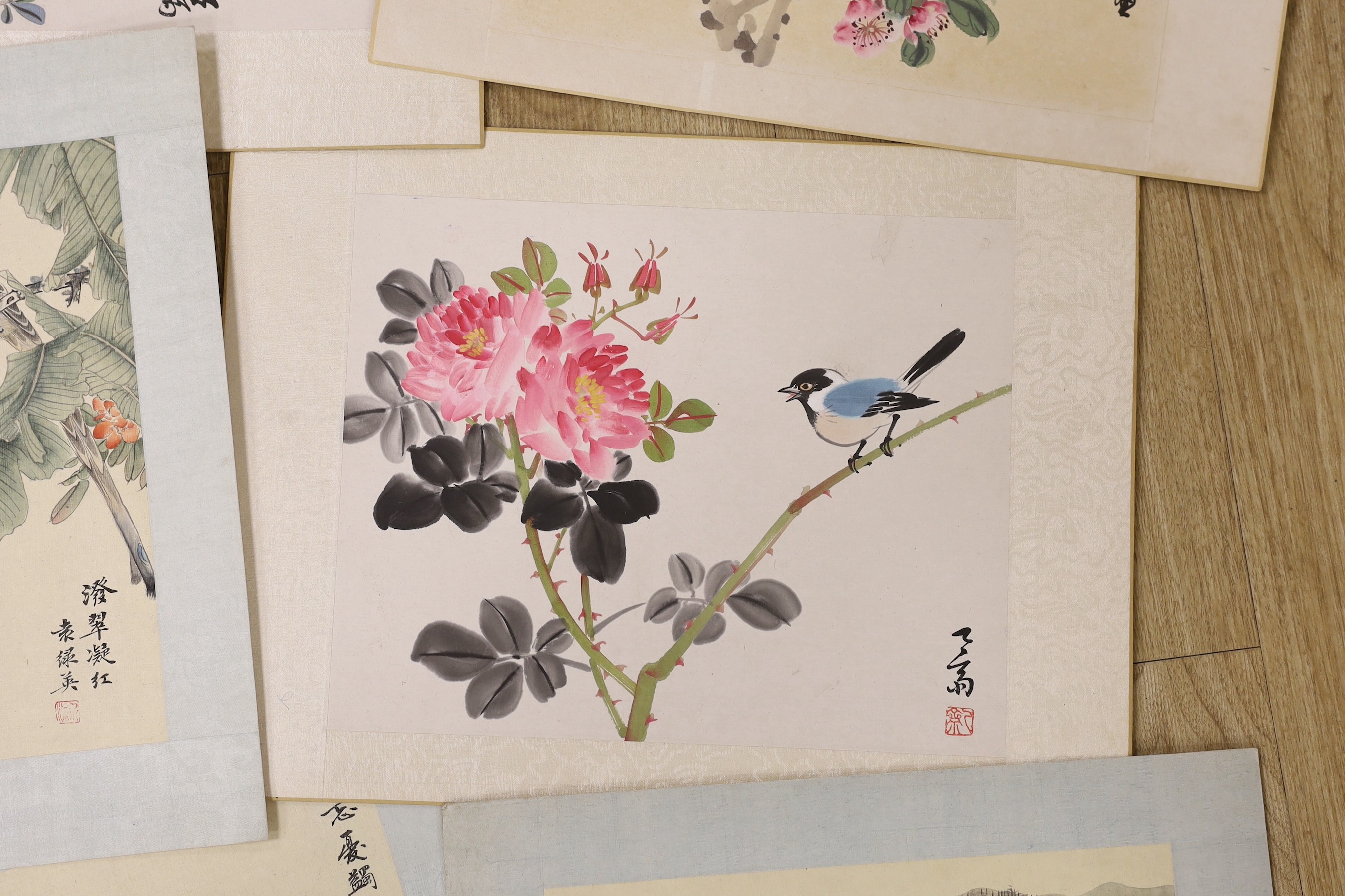 Chinese School, late 20th century, two paintings on silk and three colour woodblocks on paper of birds and flowers and two landscape paintings on silk, approx. 27 x 21cm (7)